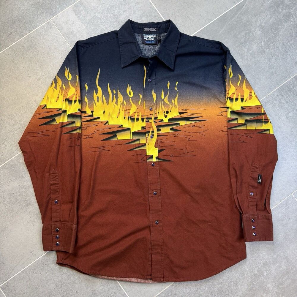 Vintage Brooks & Dunn Flame Western Shirt Pearl Snap Large 90s